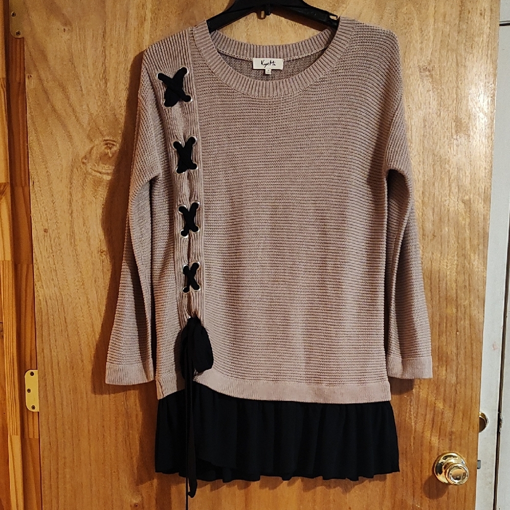 Kye Mi Sweater Dress Tan Black Lace-Up Bow Detail Ruffle Hem Tunic Cotton Size S
